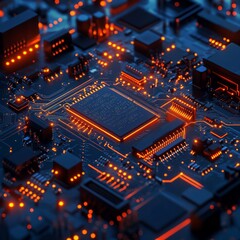 Leinwandbilder - Detailed Close-Up of a Modern Circuit Board with Glowing Orange Traces and Components Showcasing Advanced Technology
