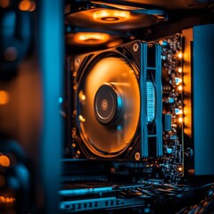 Poster - Inside the Glowing Machine: Cooling Fans, Motherboard, and Components in Vivid Blue and Orange Illumination