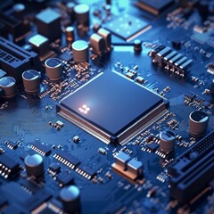 Leinwandbilder - Macro View of Modern Electronic Circuit Board with Chip, Resistors, and Capacitors in a Blue Tone.
