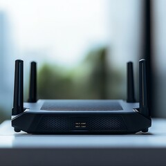 Poster - Modern Black Wireless Router on a Tabletop - High-Speed Connectivity and Network Technology Device