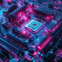 Poster - Neon Circuit Board: A Close-Up View of Electronic Components, Illuminated with Pink and Blue Lighting