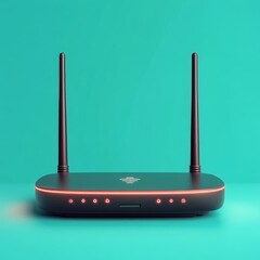 Aufkleber - Sleek Black Wireless Router with Glowing Red Indicators Against a Minimalist Teal Background for High-Speed Connectivity