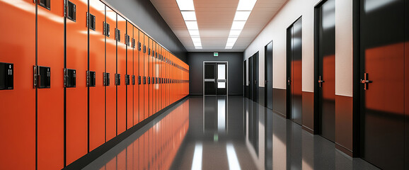 orange lockers line a school corridor with black doors and a glossy floor, showcasing a clean, moder