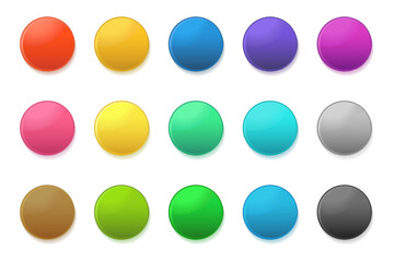 3d color round buttons. icons of blue, green, red, yellow, pink and purple circle isolated on white 