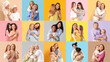 © Pixel-Shot - Set of happy mothers and their daughters on color background