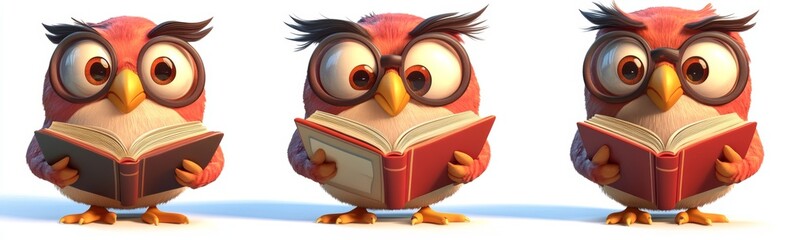 Brown cartoon owl mascot set featuring various reading poses, books, and an envelope, showcasing a range of emotions, ideal for educational children's platform design elements