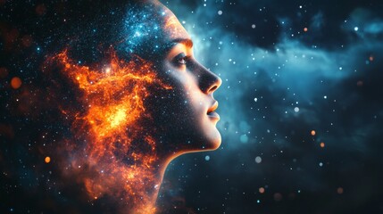 Wall Mural - Celestial portrait of an ethereal man bathed in cosmic light and stardust against a dark sky