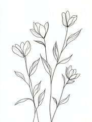Aufkleber - Minimalist botanical line art showcasing delicate flowers on a white background for modern decoration Generative AI