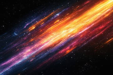 a vibrant cosmic stream, streaks of orange, pink, and blue light across a dark starry expanse.