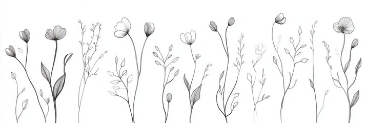 Aufkleber - Delicate botanical line art featuring minimalist floral designs on a white background showcasing modern elegance Generative AI