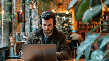 Wall Mural - freelancer working remotely on a laptop in a cozy coworking space surrounded by plants