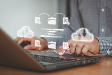 Fototapete - Transfer document to data folder. Cloud backup data download management, exchange file copy, DMS loading. Data transfer technology concept. FTP(File Transfer Protocol) files recovery computer backup.