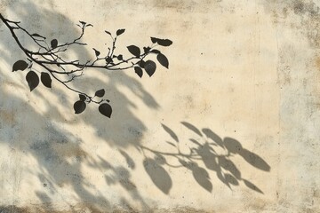 A tree branch with leaves casts a shadow on a textured beige wall, creating a minimalist nature scene.