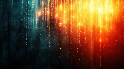 Abstract Digital Rain Falling, Orange Glow on Dark Blue Wall, Vibrant Effect