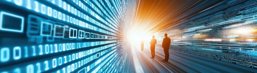 Programmers Developing New Software Interface with Digital Data Flow and Silhouettes of Professionals