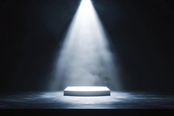 Poster - Spotlight shining on empty stage with white podium and smoke