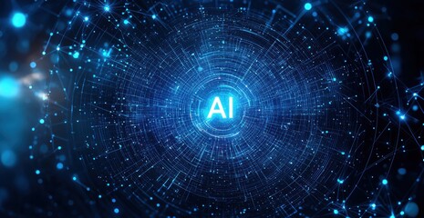 Aufkleber - Artificial intelligence glowing symbol surrounded by digital connections on blue background