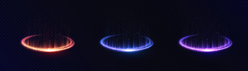 Fototapete - Light bright blue swirl glowing curved line with flickering light effect. Glow effect for game interface design on black background.