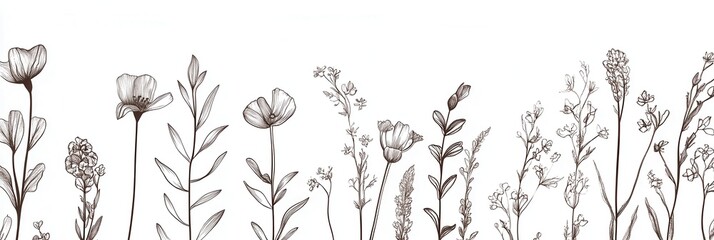 Aufkleber - Delicate botanical line art showcases minimalist floral patterns on a white background for modern elegance in design
