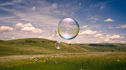 Wall Mural - bubbles floating over green meadow under blue sky with clouds and natures serenity
