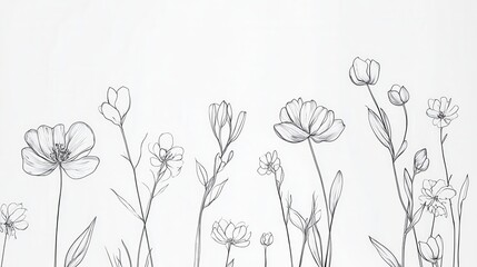 Aufkleber - Delicate botanical line art features various flowers on a white background showcasing minimalist elegance and modern design aesthetics