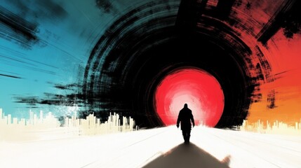 Wall Mural - silhouette of a man walking towards a vibrant red circle in a surreal, cityscape tunnel. a journey i