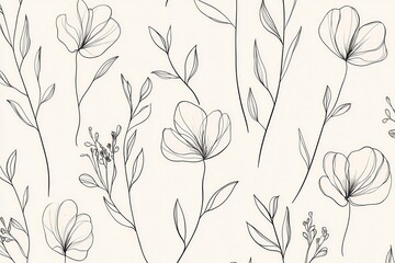 Aufkleber - Delicate botanical line art on white background showcasing minimalist elegance and modern floral pattern design Generative AI