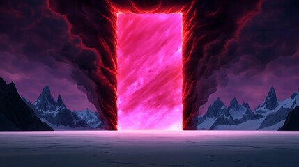 Wall Mural - a vibrant pink portal glows mysteriously amidst dark, swirling smoke and a snow-capped mountain rang