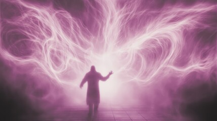 Wall Mural - silhouette of a man in a hooded coat walking towards a bright purple energy vortex.