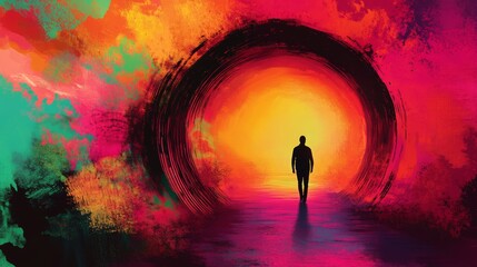 Wall Mural - a lone figure walks toward a vibrant, swirling sunset, a journey of hope and mystery.