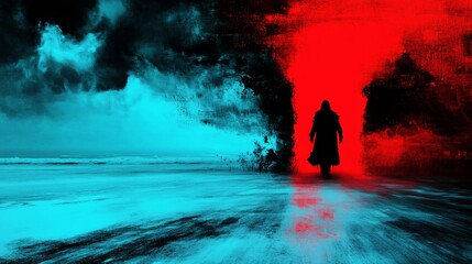 Wall Mural - a mysterious figure walks towards a vibrant red and teal light, creating a dramatic and surreal scen