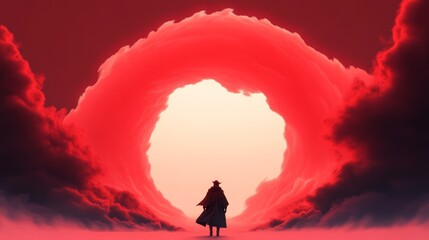 Wall Mural - silhouette of a person in a long coat stands before a vibrant red cloud formation resembling a porta