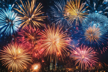 colorful fireworks exploding over city skyline at night