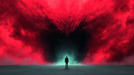 Wall Mural - a lone figure confronts a monstrous, shadowy entity emerging from a fiery, red abyss. an unsettling 