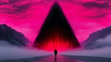 Wall Mural - silhouette of a person walking toward a large, dark triangular structure emitting a vibrant red glow