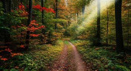 Wall Mural - sunlight filters through trees in tranquil forest pathway during autumn