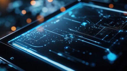 Wall Mural - futuristic technology interface on tablet with glowing circuitry