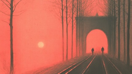 Wall Mural - two figures walk towards a light at the end of a tunnel, bathed in an eerie red glow.