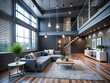 © Four888 - Abstract Dashed Line Background: Modern Loft Apartment Interior Design