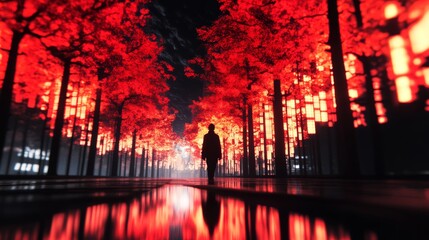 Wall Mural - silhouette of a person walking down a red-lit path at night. a mystical and dramatic scene.