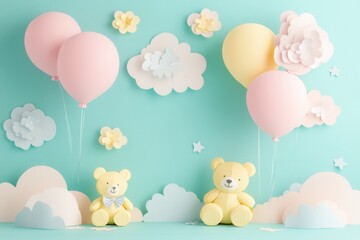 Poster - Charming pastel paper cutout decor featuring balloons and teddy bears with playful clouds for a whimsical childrens theme Generative AI