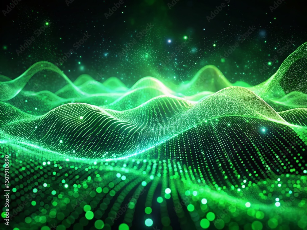 Abstract Futuristic Green Particle Wave: Big Data Visualization 3D Render