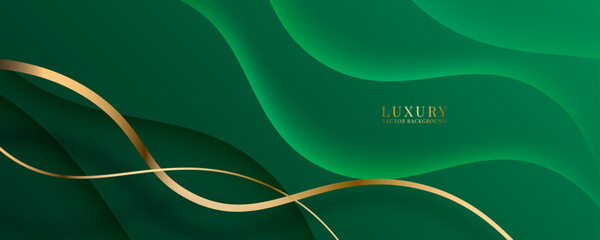 Wall Mural - 3d green luxury abstract background overlap layer on bright space with golden lines waves decoration