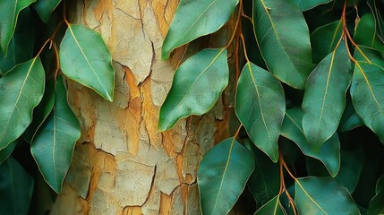 Lush green leaves against textured tree bark.
