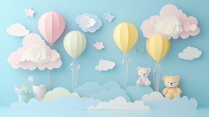 Poster - Whimsical paper cutout display with pastel balloons and teddy bears in a cheerful childrens theme Generative AI