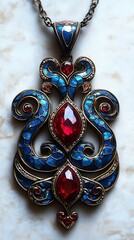 Poster - Elegant vintage necklace with intricate blue and red gemstone design on a neutral background : Generative AI