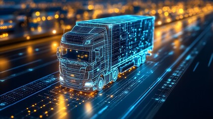 Leinwandbilder - Futuristic digital 3D rendering of a glowing semi-truck on an illuminated highway with modern technology design elements : Generative AI