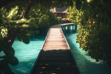 Poster - Inviting wooden pathway winding through lush trees leading to tranquil water bungalows at a tropical resort : Generative AI