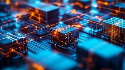 Poster - Close-up view of complex circuit board with glowing components in vibrant blue and orange colors : Generative AI