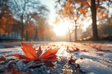 Poster - Vibrant red maple leaf resting on frosty ground illuminated by soft morning sunlight in autumn : Generative AI